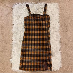 NWOT Dark Yellow Tartan Mini Dress W/ Sexy Slit